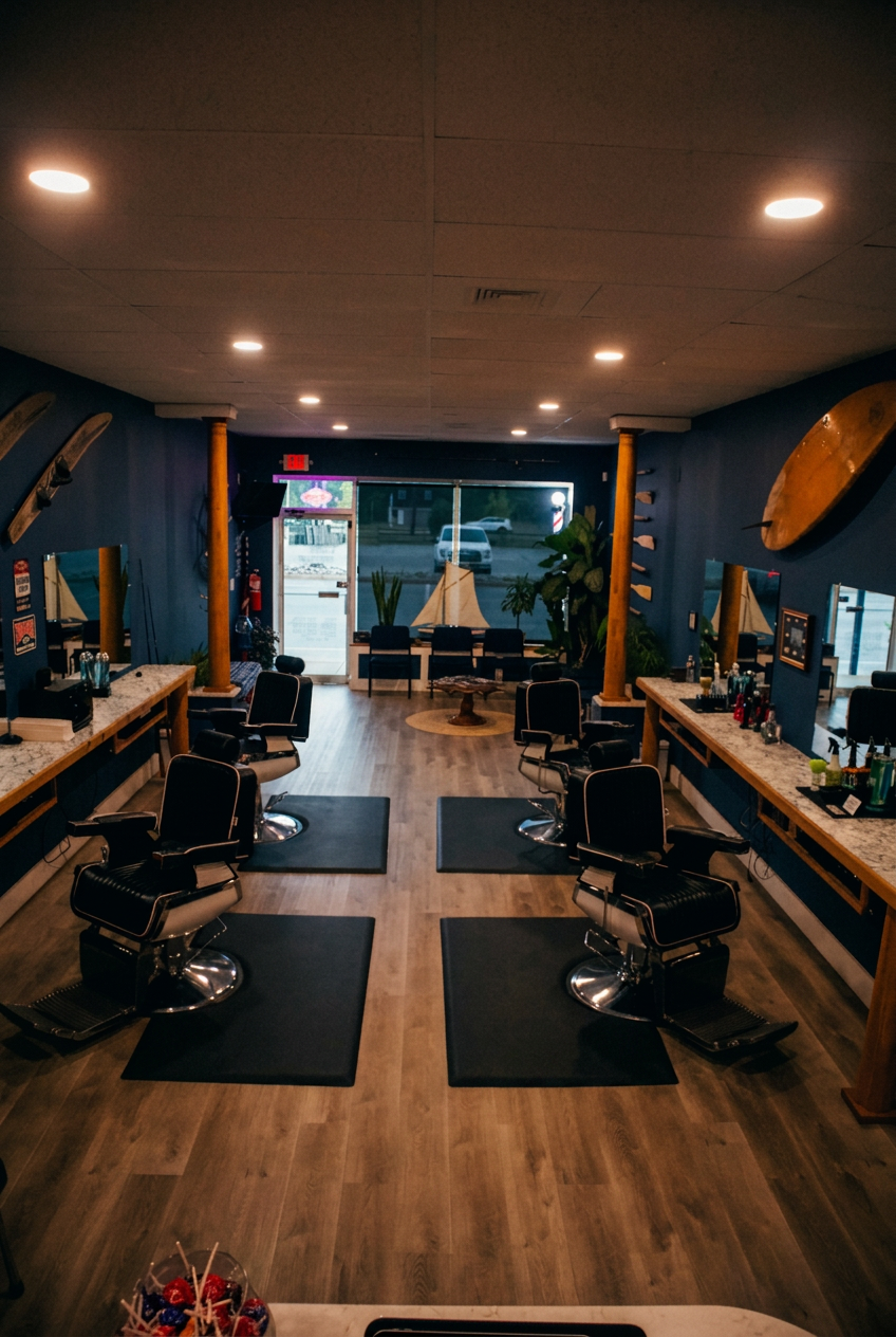 Inside Coastal — two rows of black leather barber chairs, wood columns and navy blue walls