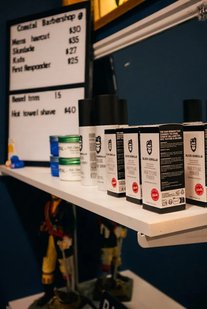 Coastal product shelf — Slick Gorilla hair styling powder, pomades and price menu board