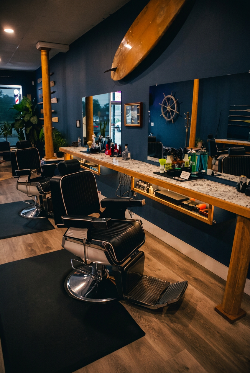 Coastal floor — black leather chairs, granite counter, surfboard and ship wheel on navy walls