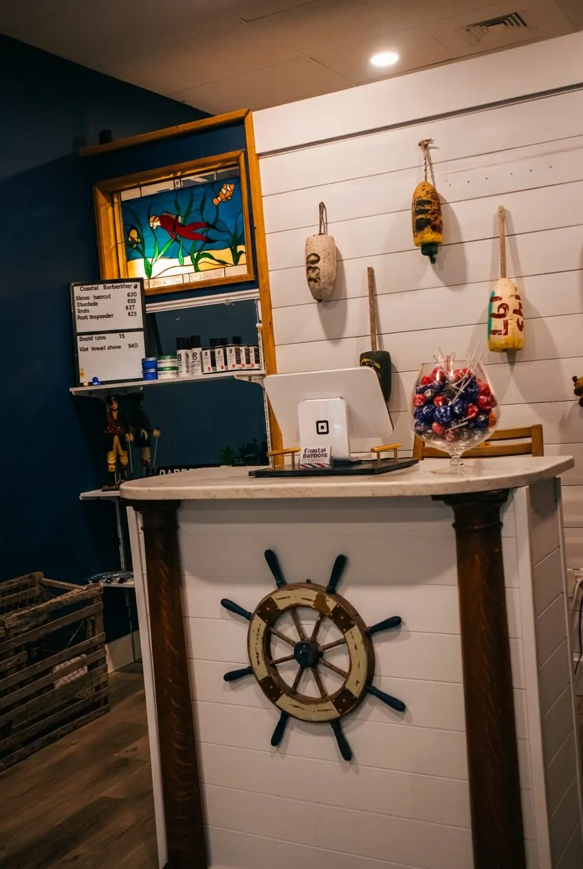 Coastal checkout kiosk — ship wheel counter, marble top, stained glass window and hanging buoys