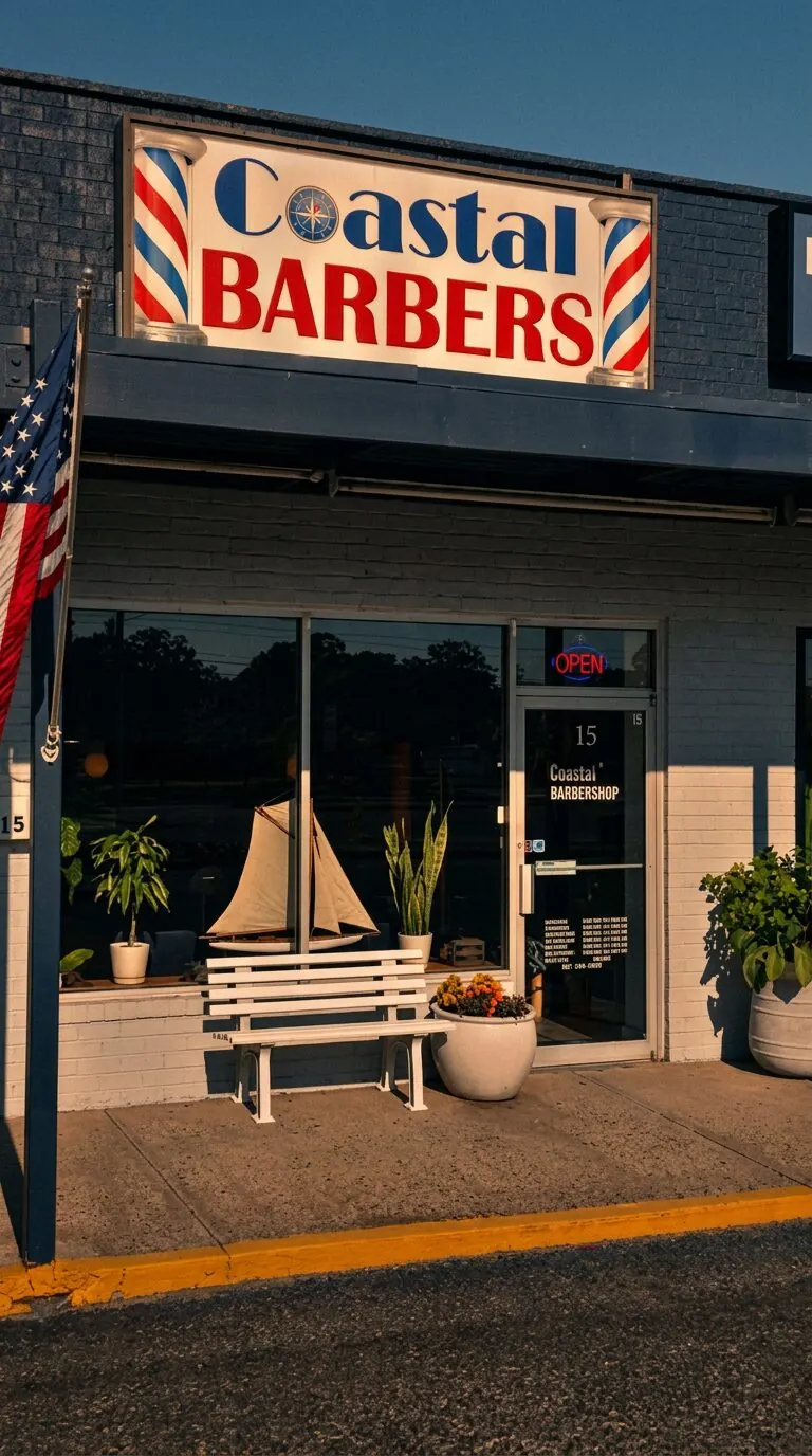 Coastal storefront — barber pole sign, American flag, and welcoming bench